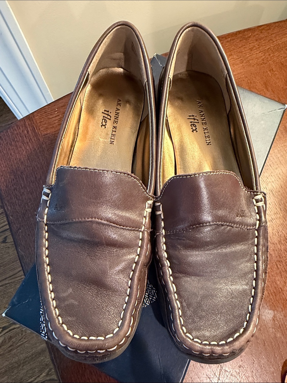 Anne Klein Brown Leather Slip-On Loafers with Contrast Stitching